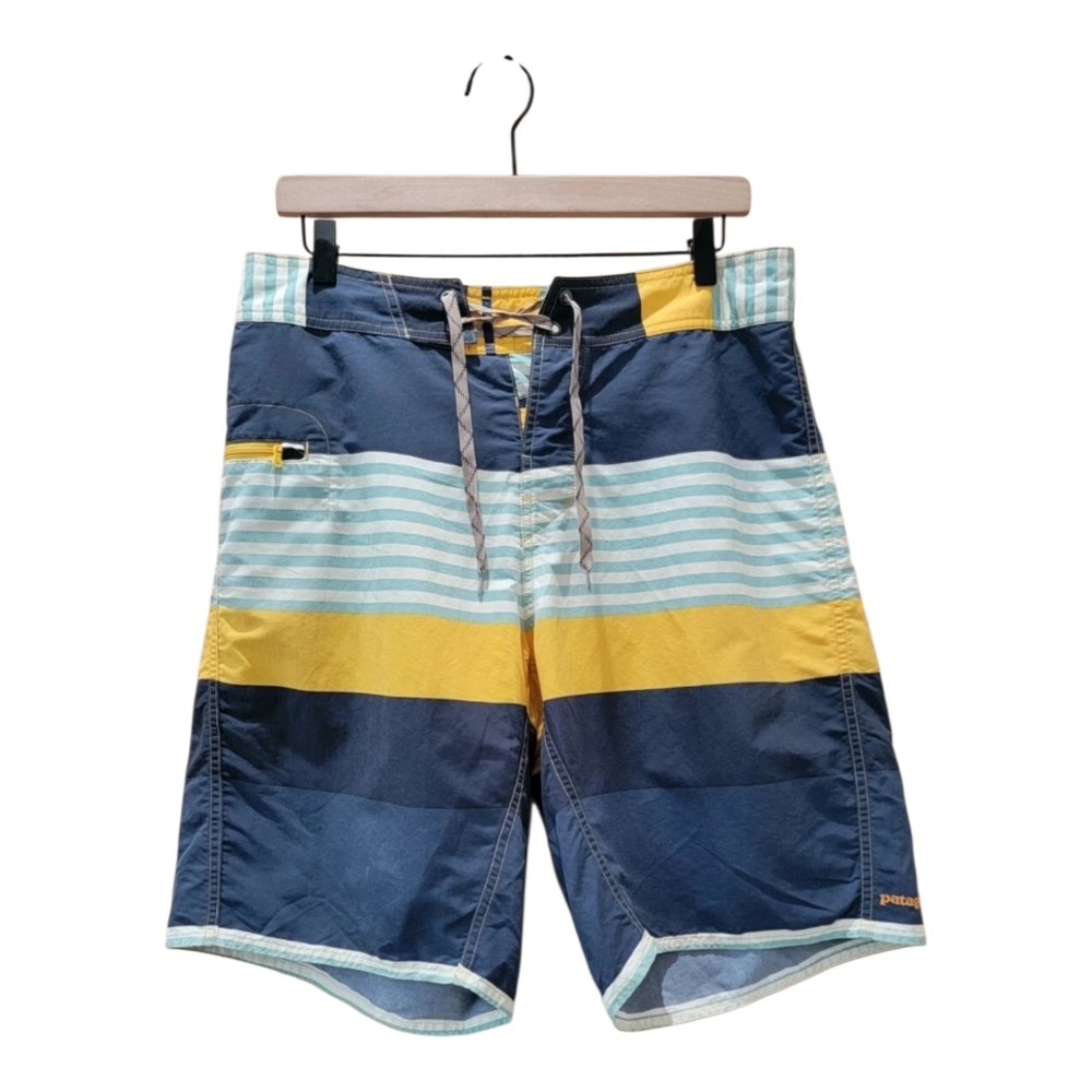 Patagonia Swim Trunks Board Shorts Sz 32 Blue Yellow Stripe